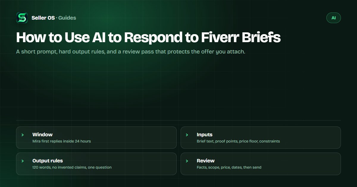 AI brief-response workflow for Fiverr: an input packet, a prompt with output rules, a worked 120-word draft, and a pre-send checklist