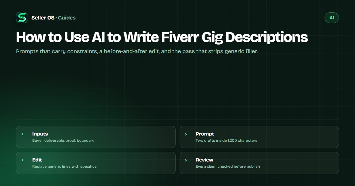 Prompt-to-rewrite flow for a Fiverr gig description: constrained prompt, AI draft, edit pass, and a final reviewed description