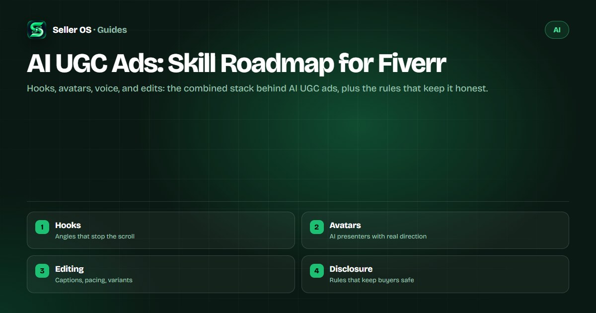 Cover showing AI UGC ad production steps from hook script to avatar video to edited ad variants for Fiverr buyers