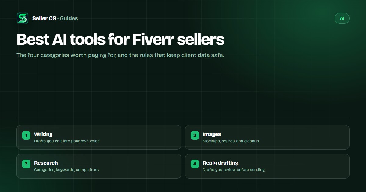 Four AI tool categories for Fiverr sellers: writing, images, research, and reply drafting