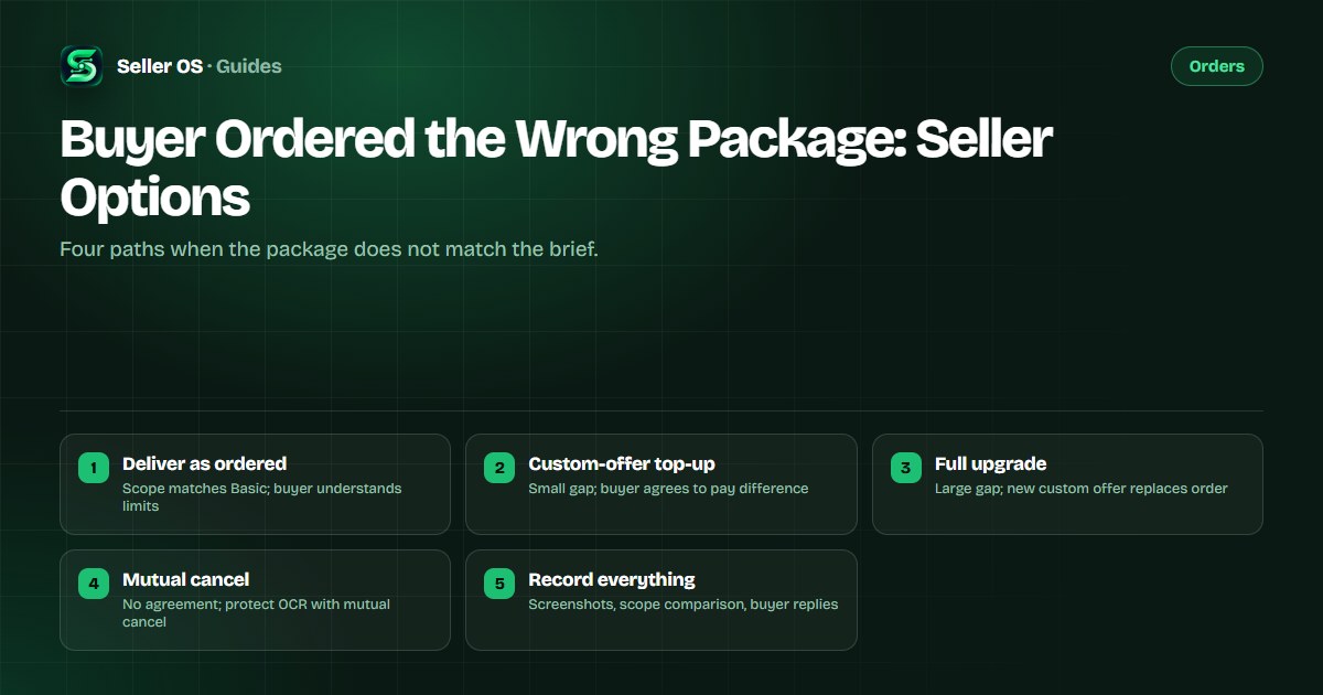 Decision tree: ordered package vs needed scope with four branches for deliver, top-up, upgrade, mutual cancel