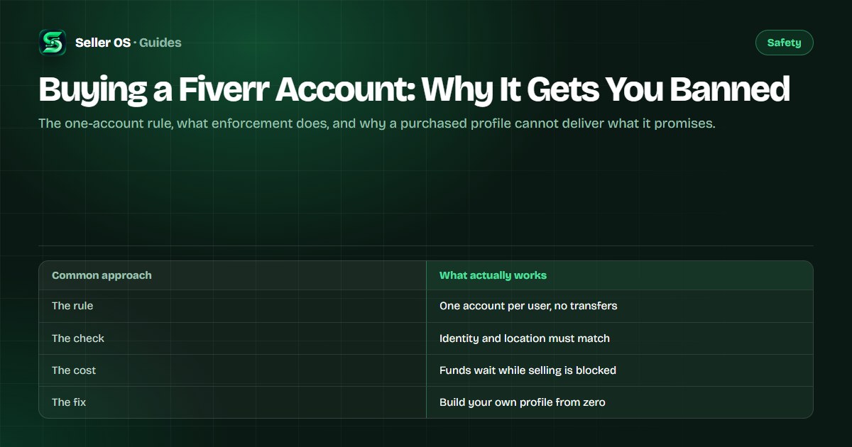 Diagram of a purchased Fiverr account meeting the one-account rule and identity verification, with funds and reviews locked inside it