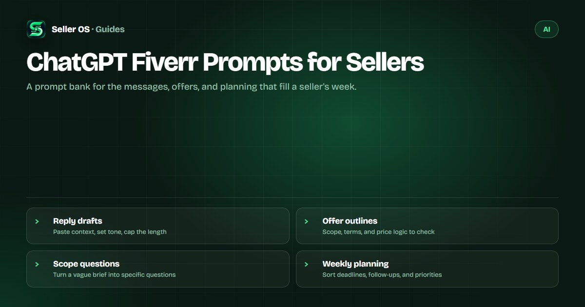 Concept diagram of a Fiverr seller workspace with reply, offer, and planning prompts beside an inbox