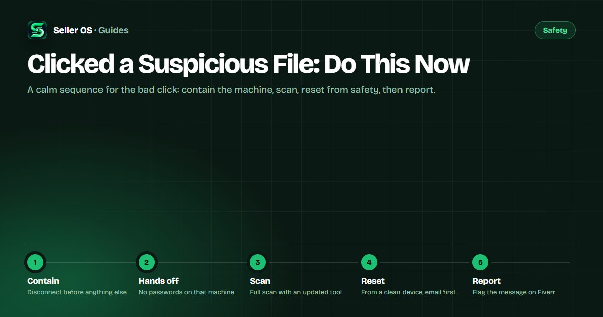 A laptop with network disconnected beside an ordered checklist of contain, scan, reset passwords, and report steps