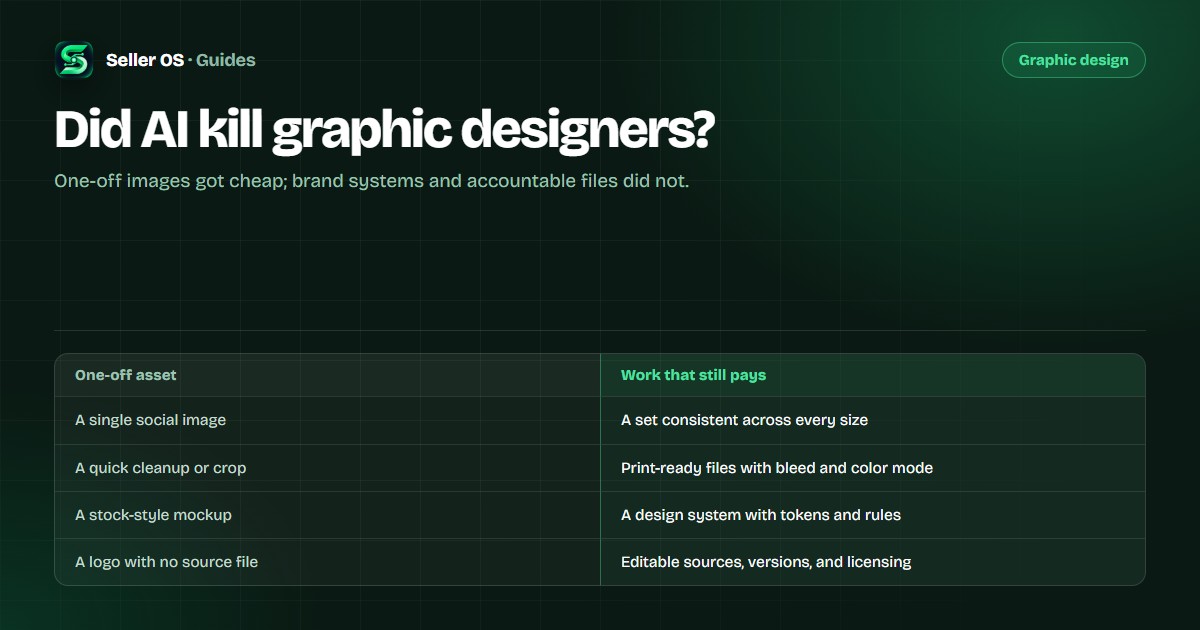 Graphic design comparison: one-off assets beside systems, print-ready files, and licensing that clients still pay for