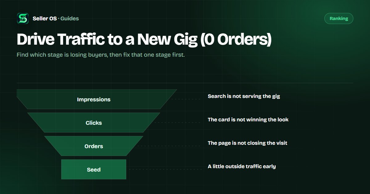 A funnel diagram with impressions, clicks, and orders stages labeled, each with a checklist of what to fix for a new Fiverr gig