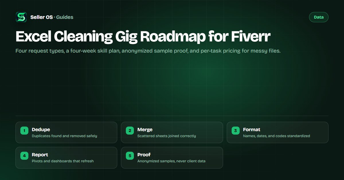 Roadmap for an Excel data cleaning gig showing dedupe, merge, formatting, and dashboard steps