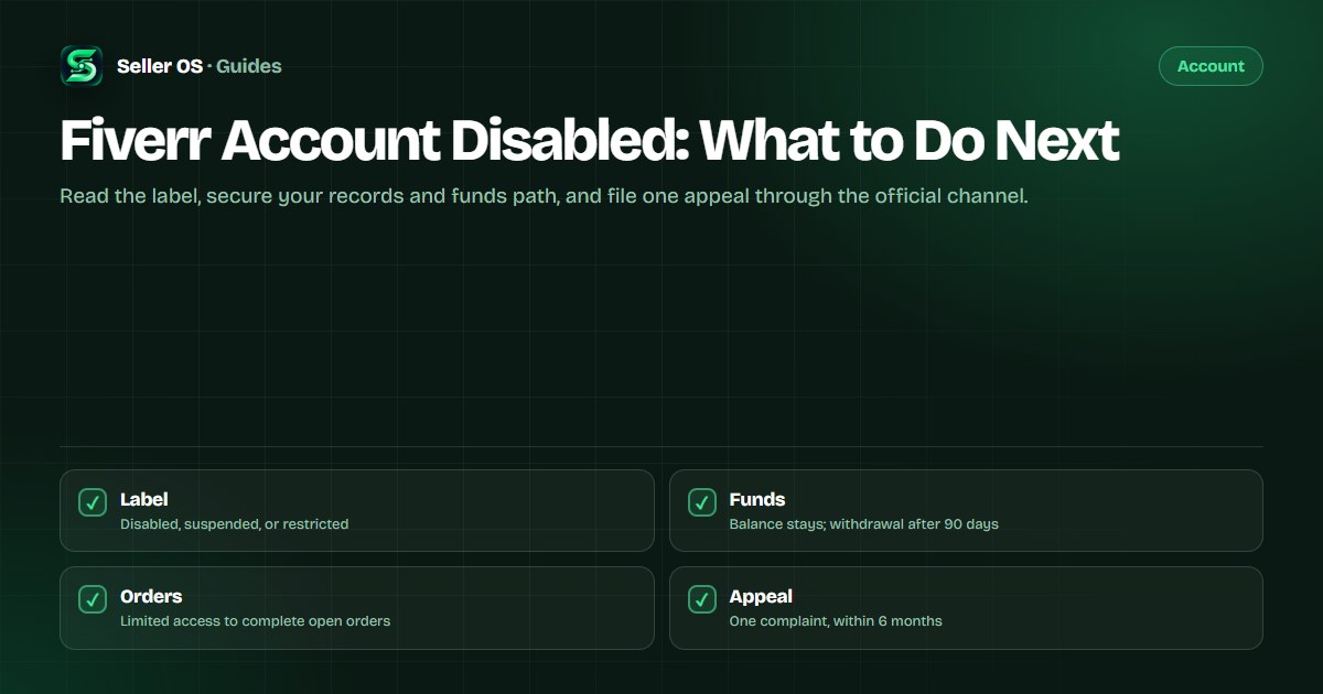 Flow diagram for a disabled Fiverr account: read the notice, check funds and orders, build an evidence file, file one support appeal