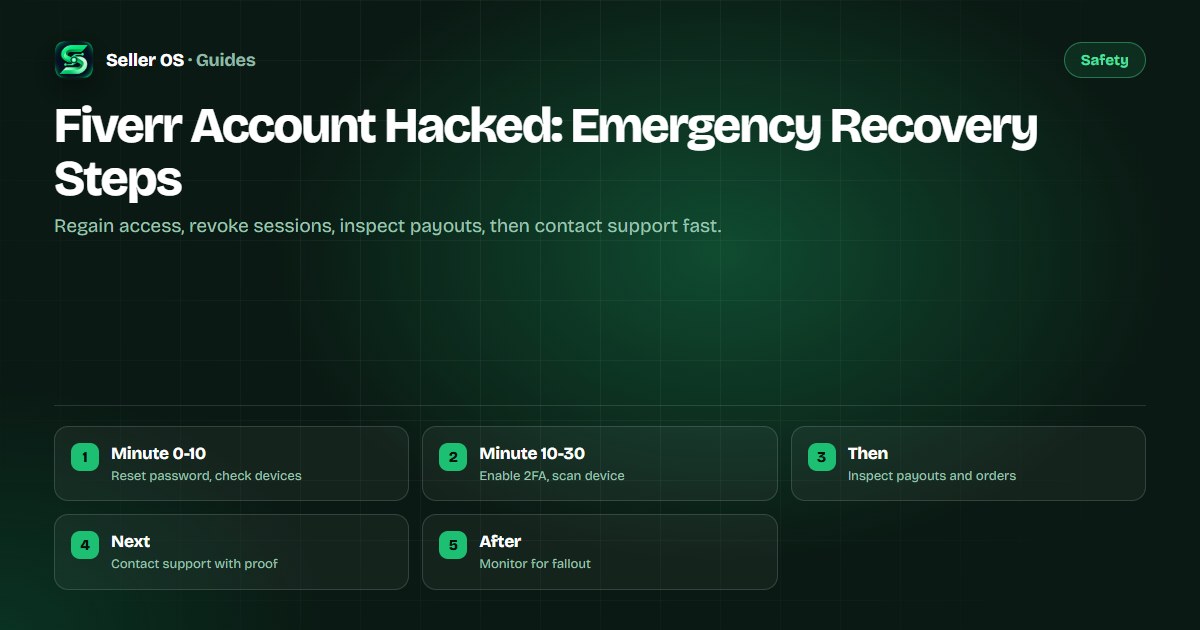 Emergency checklist for a compromised Fiverr account: password reset, device review, payout check, support contact