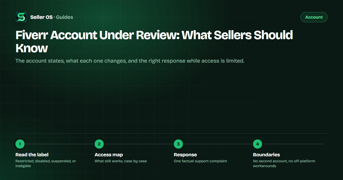 Account state diagram for Fiverr sellers showing restriction, ineligible to sell, and suspension with what each still allows