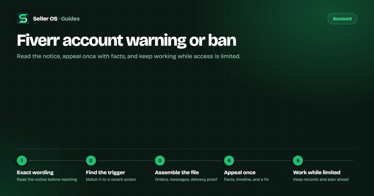Fiverr account warning timeline: read the exact wording, find the trigger, assemble the file, appeal once, work while limited
