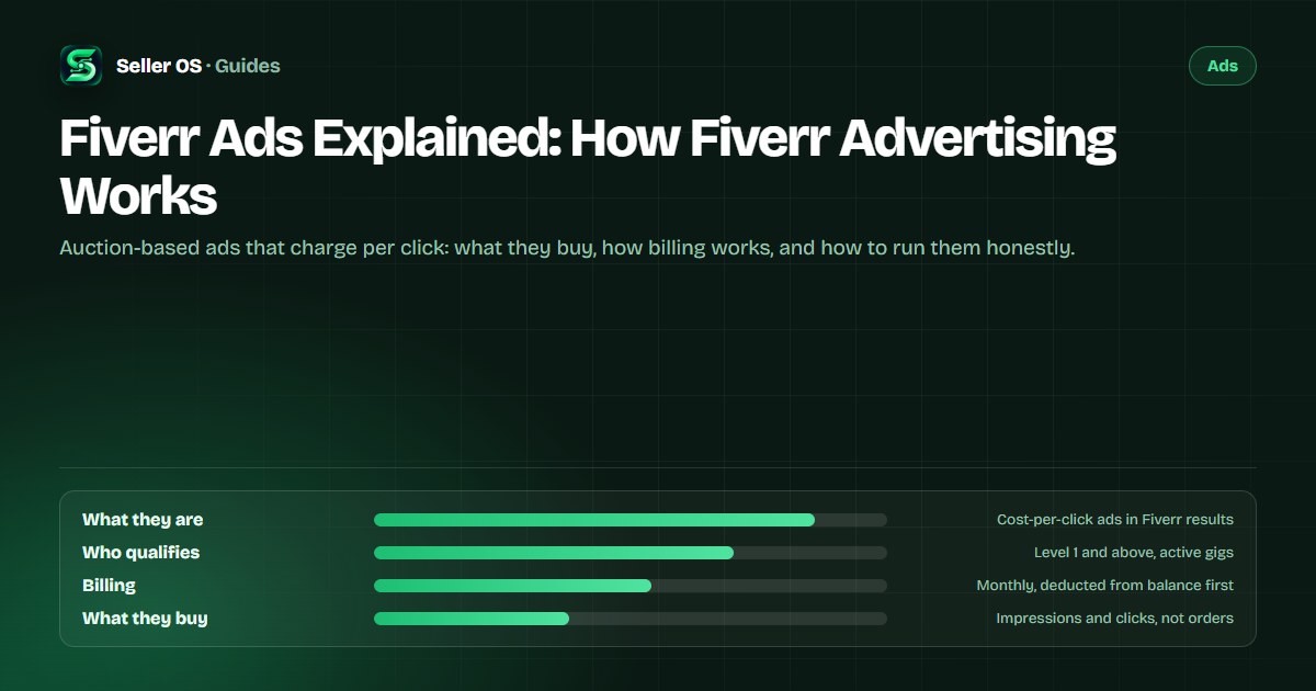 Fiverr Ads overview diagram showing sponsored placements in search results, category pages, and buyer inboxes with monthly billing