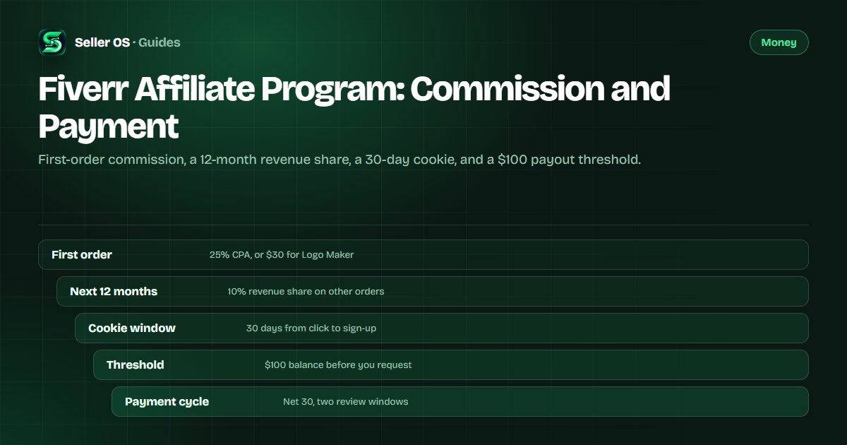 Chart of the Fiverr affiliate commission plan showing first-order CPA, a 12-month revenue share, the 30-day cookie, and payment cycles