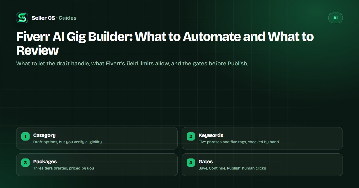 AI gig-building pipeline for Fiverr: category and keyword drafts, field-limit checks, package drafts, and review gates before publishing