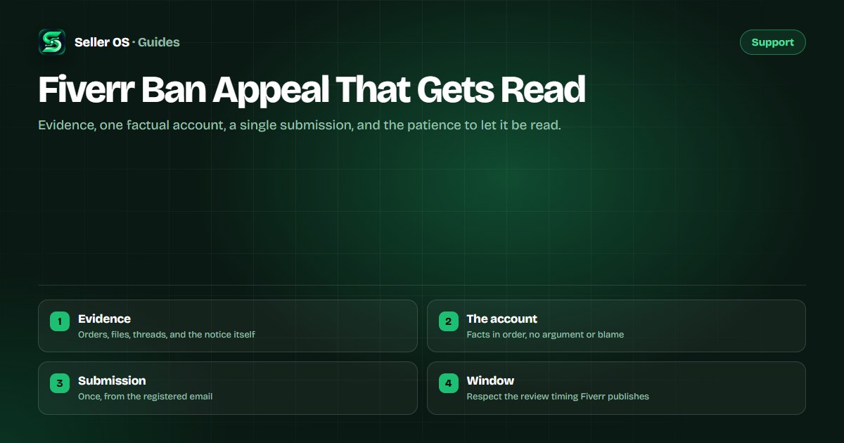 Step diagram of a Fiverr ban appeal: gather evidence, write facts, submit once from the registered email, and await review