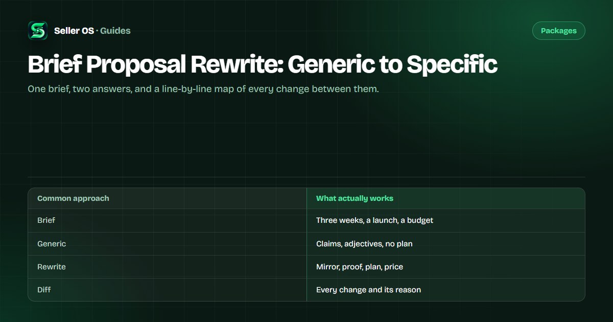 Before-and-after comparison of a Fiverr brief response, with generic lines rewritten into specific, annotated lines