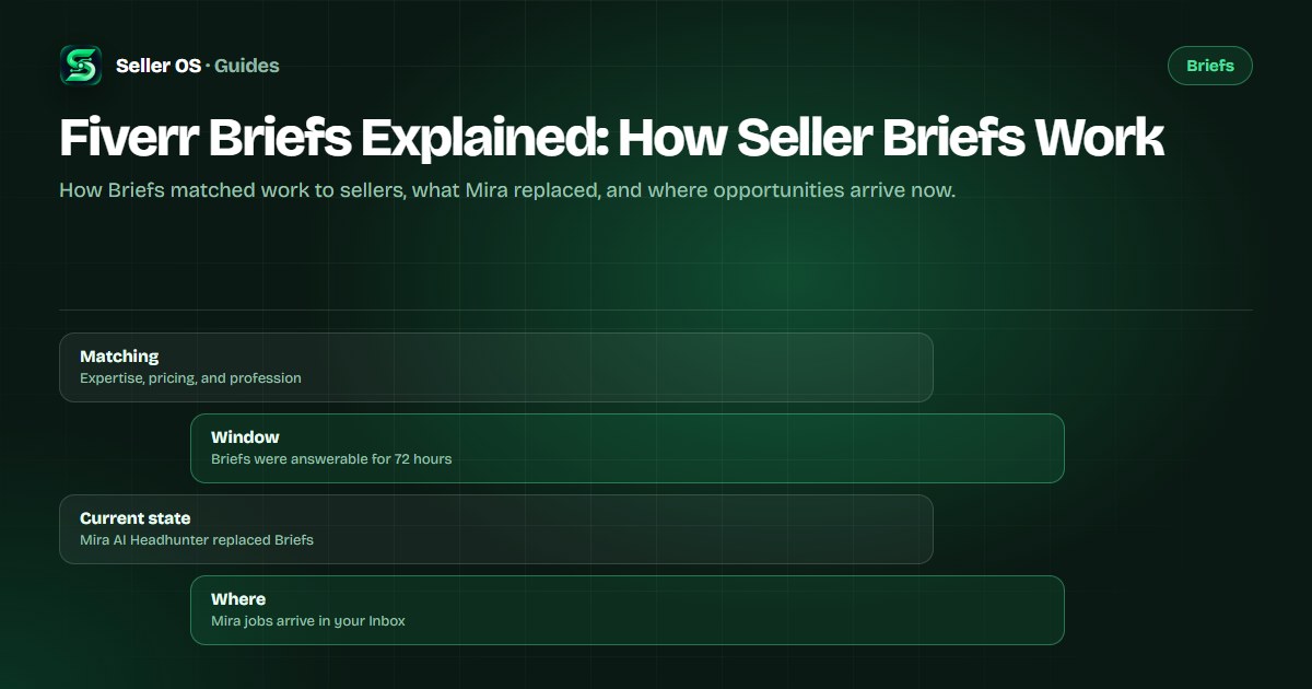 Diagram of the Fiverr brief flow: buyer posts a project, matching selects sellers, seller answers with an offer