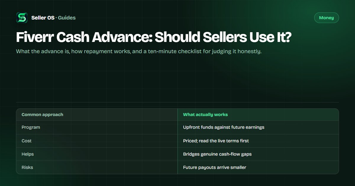 Decision sketch for a Fiverr cash advance weighing upfront funds against repayment from future payouts