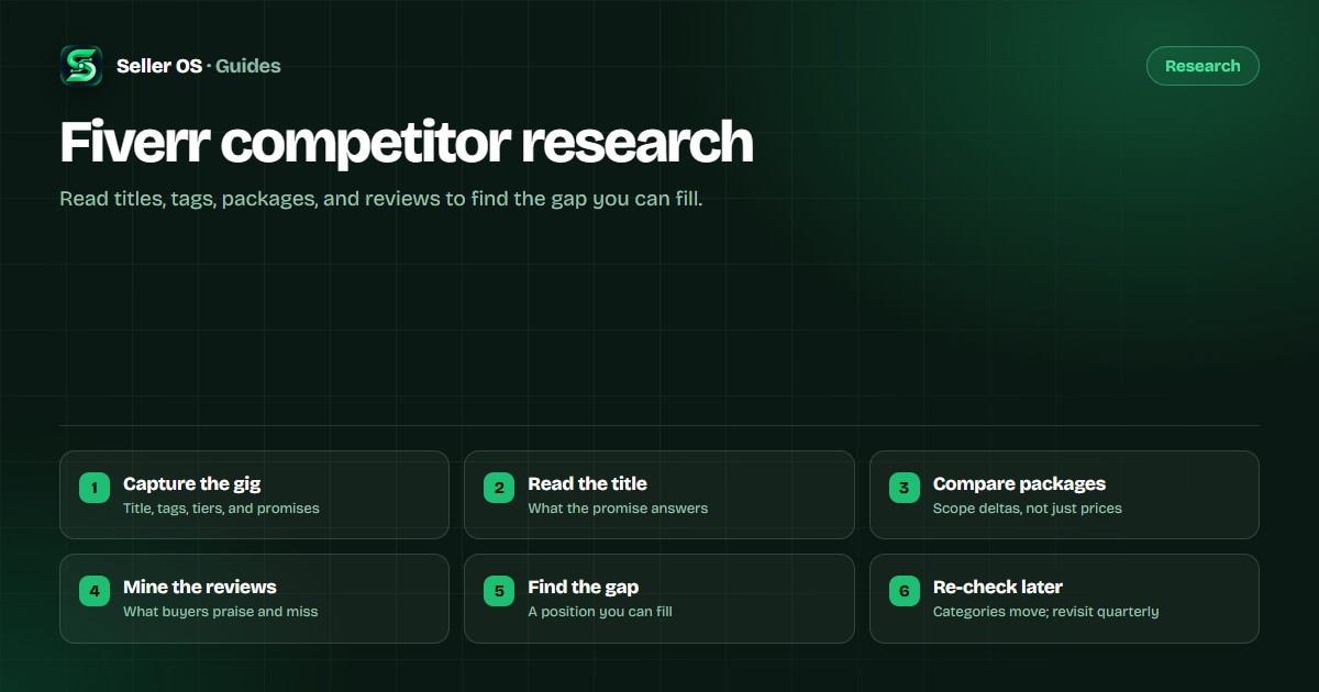 Six-step competitor research checklist: capture the gig, read the title, compare packages, mine reviews, find the gap, re-check