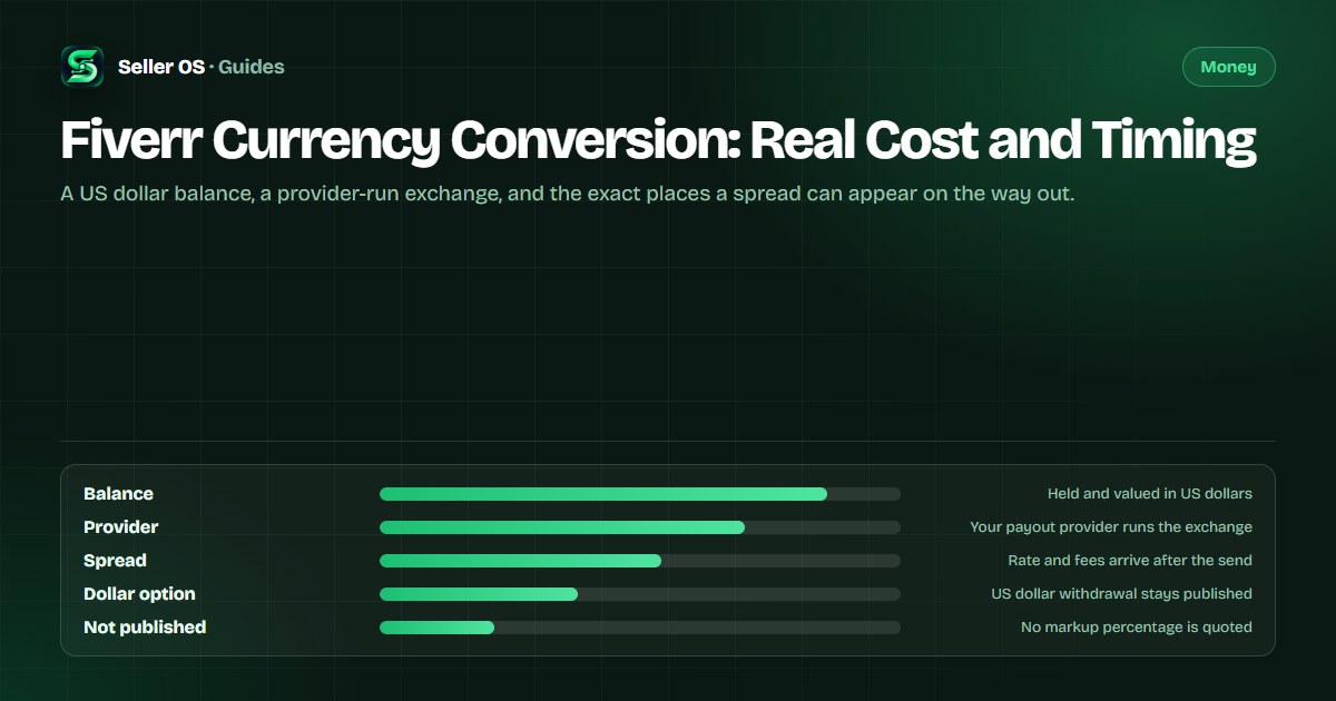 Diagram of a US dollar Fiverr balance handed to a payout provider, with conversion fees and spread labeled