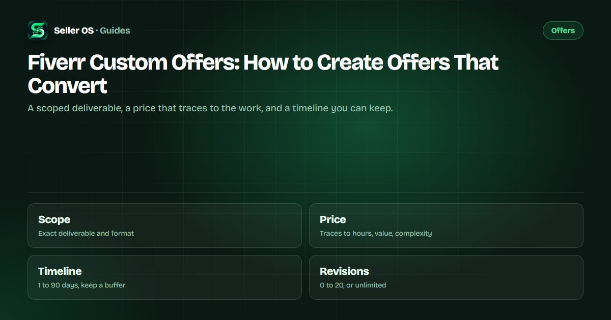 Anatomy of a Fiverr custom offer: scope, price, timeline, revisions, and expiration sent through the inbox