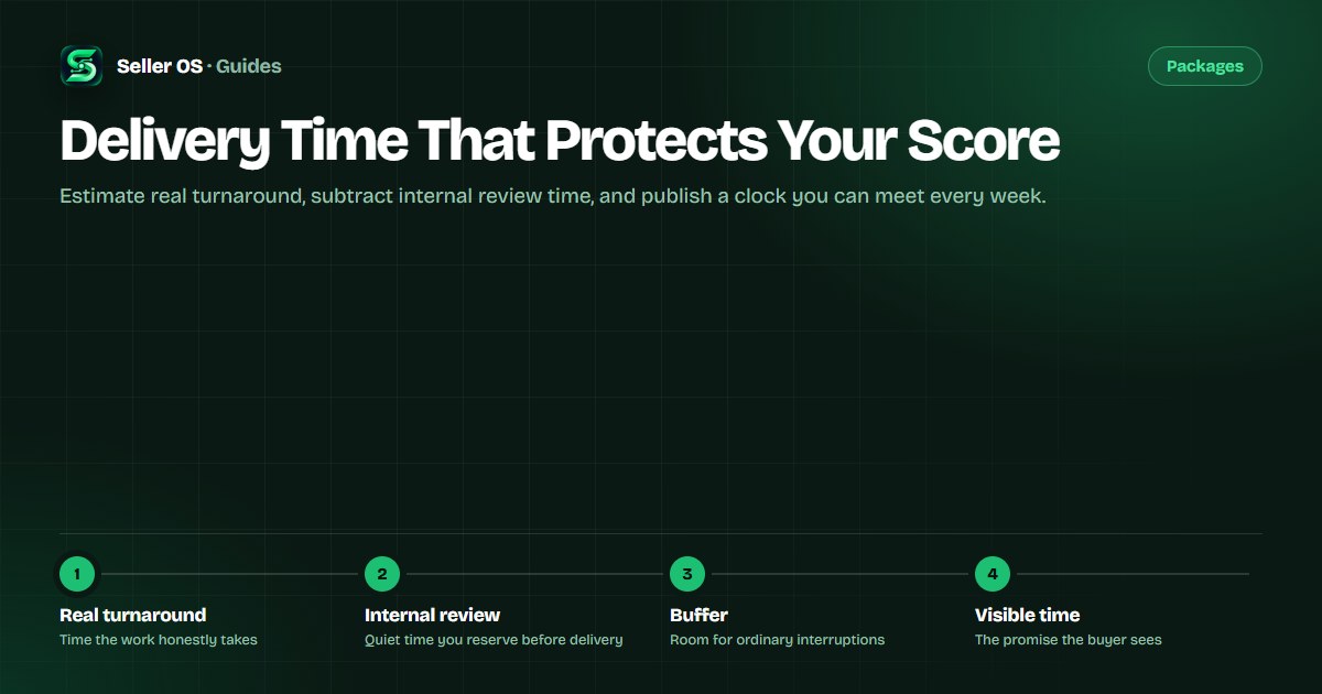 Timeline diagram breaking a Fiverr delivery time into working time, an internal review step, and a buffer before the promised deadline