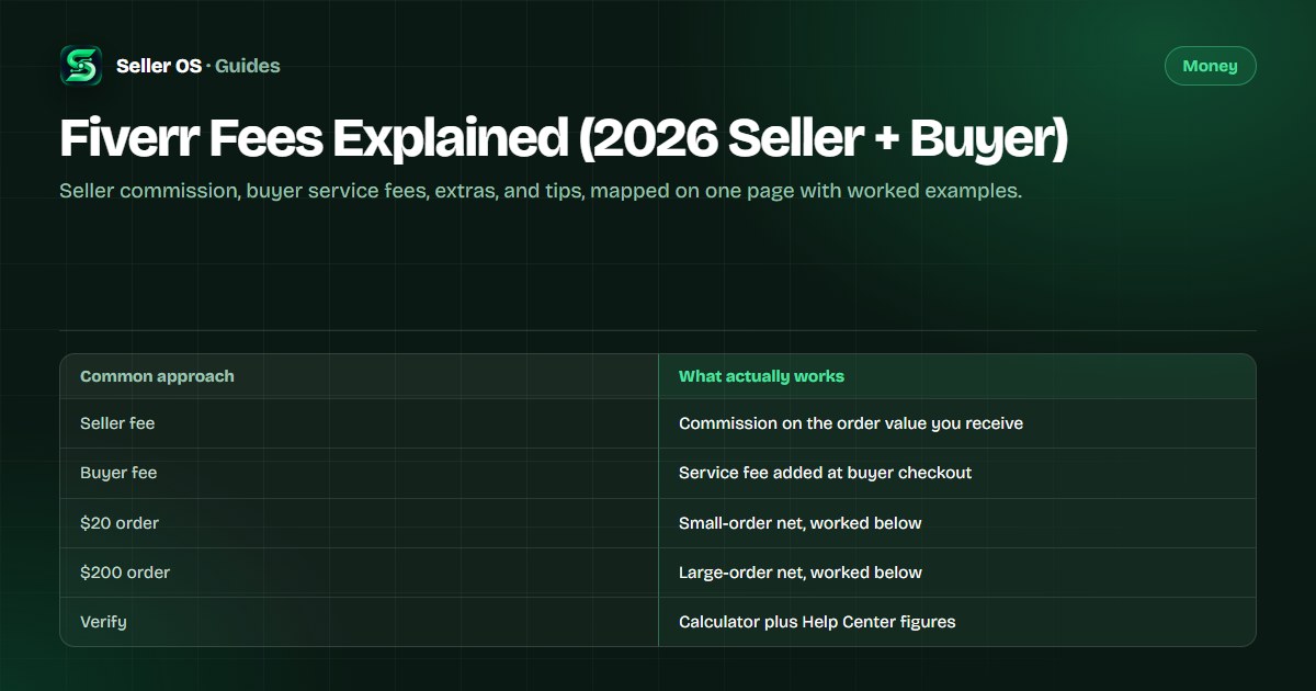Diagram of Fiverr fees on a sample order, separating seller commission, buyer service fee, extras, and seller take-home