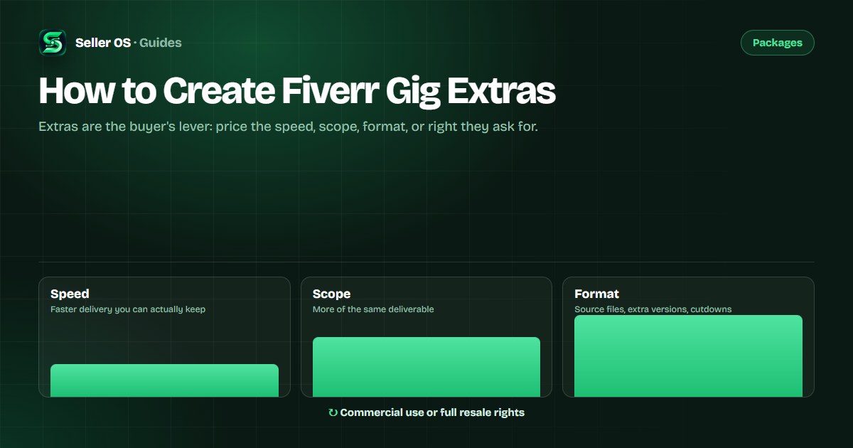 Diagram of Fiverr gig extras grouped into speed, scope, format, and rights, with a checkout lever raising order value
