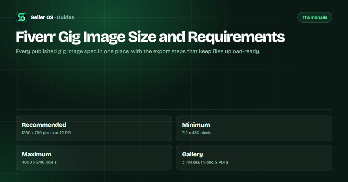 Fiverr gig image specification diagram showing the recommended 1280 by 769 pixel canvas, gallery slots, and export steps
