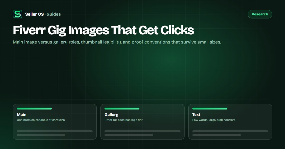 Illustration comparing a clear Fiverr gig thumbnail with readable text against a crowded unreadable one
