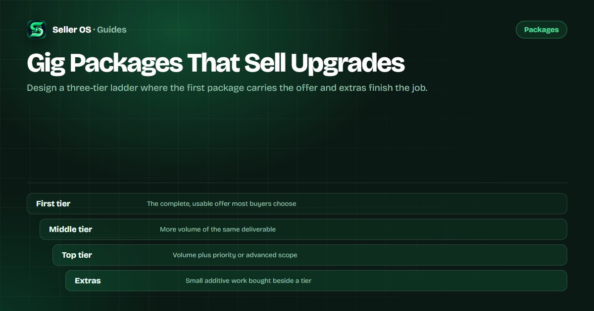 Diagram of three Fiverr package tiers as a scope ladder, with add-on extras and the first tier highlighted as the main offer