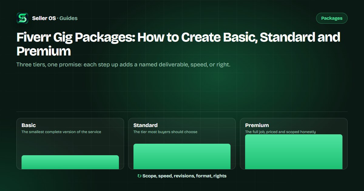 Diagram of a Fiverr package ladder with Basic, Standard, and Premium tiers and the deltas that separate each step up