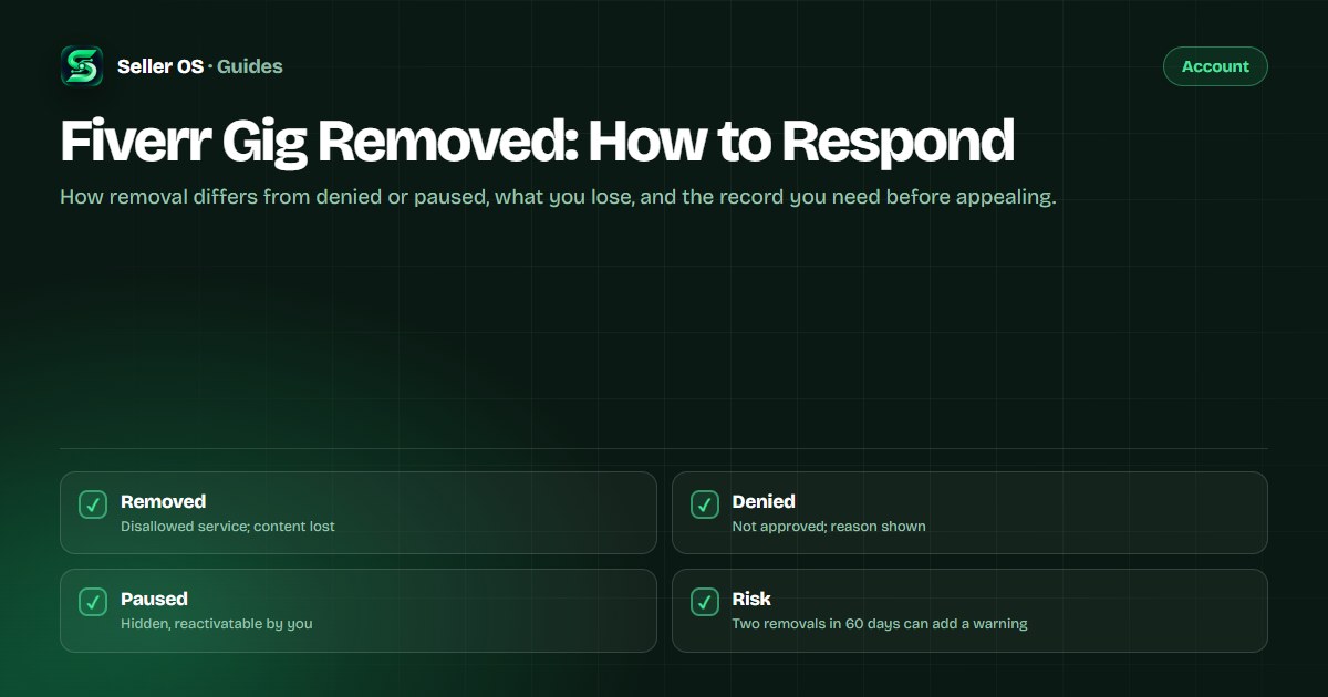 Comparison diagram of removed, denied, and paused Fiverr gig states with the response path for a removal