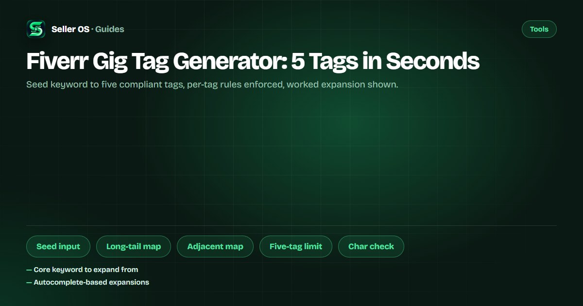 Tag generator interface showing a seed keyword input and five generated tag chips with character counts and relevance scores