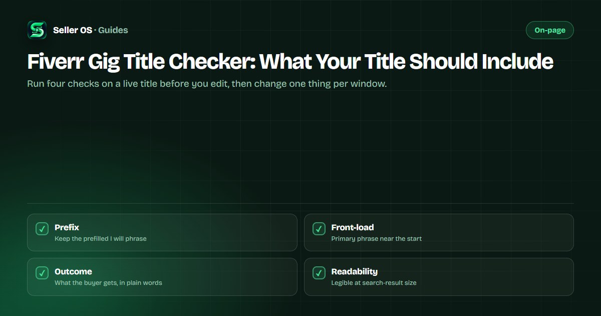 Title checking diagram showing a Fiverr gig title split into the I will prefix, primary phrase, and outcome, with check marks