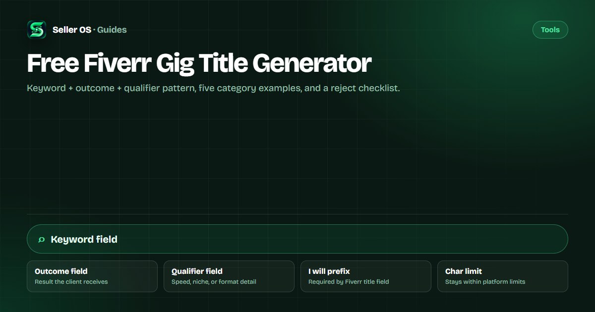 Gig title generator interface showing input fields for keyword, outcome, and qualifier with five generated title examples displayed below