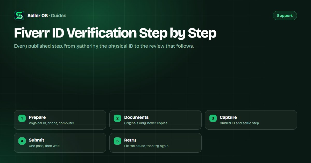 Walkthrough of Fiverr ID verification showing a physical document, a smartphone selfie capture, and the submission review step
