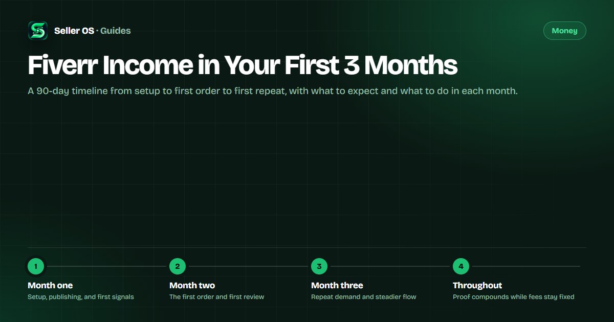 Timeline showing Fiverr seller months one to three from profile setup to first order to first repeat buyer