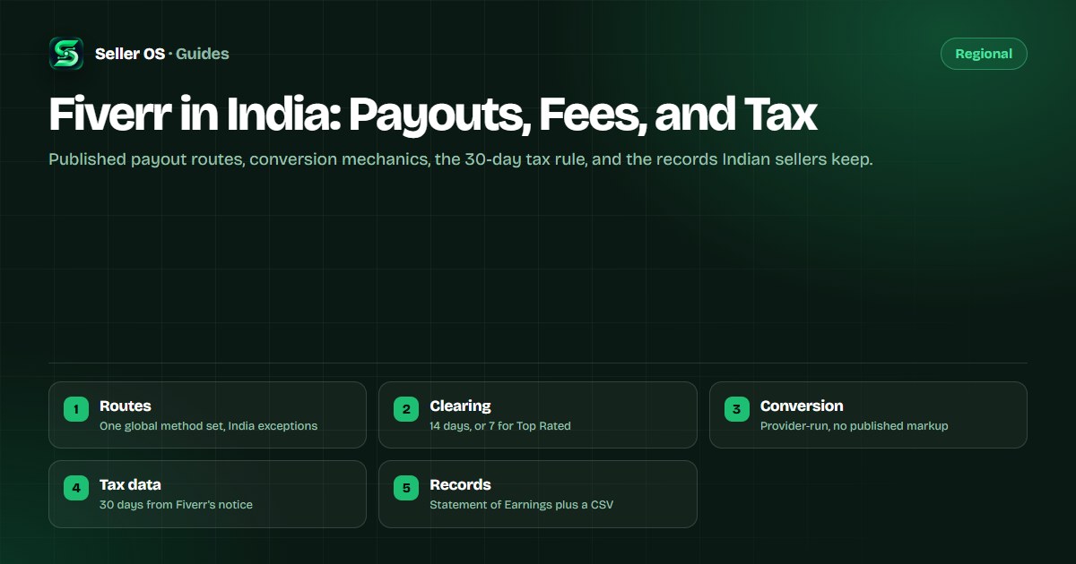 Flow from a Fiverr dollar balance through a withdrawal route to an Indian bank account, with conversion and tax documents labeled