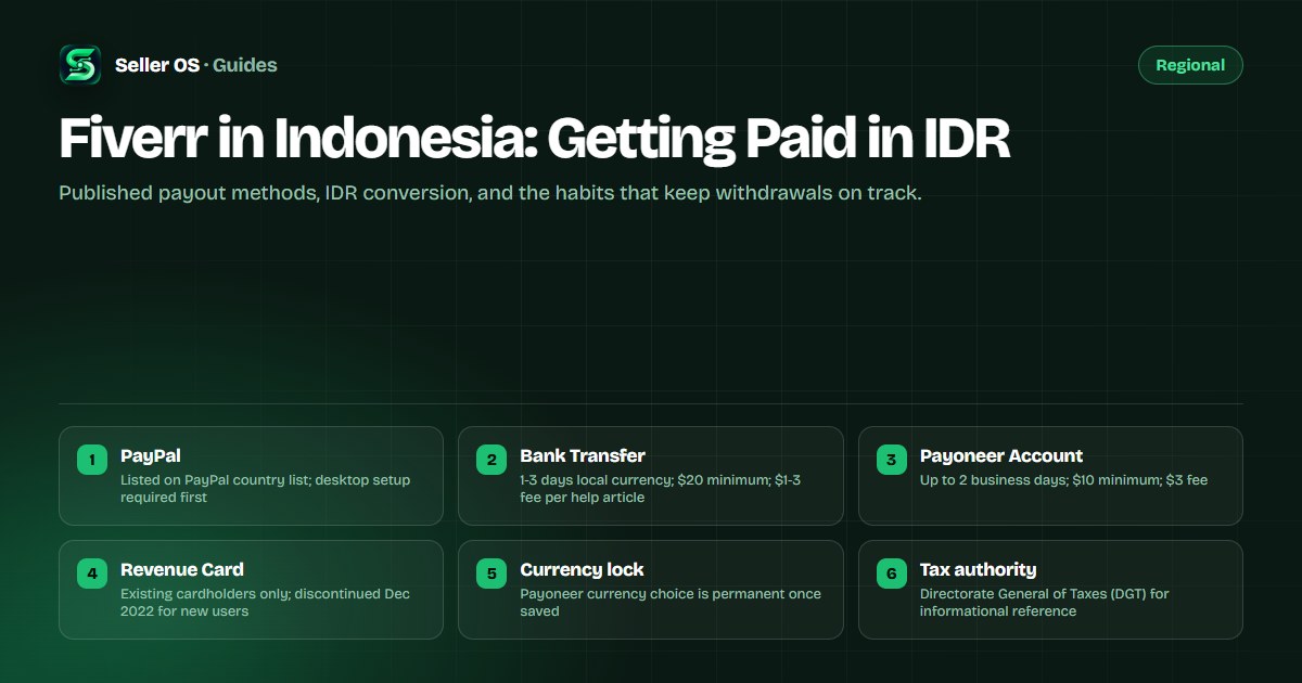 Indonesian seller checking Fiverr earnings page with Payoneer and PayPal method cards shown side by side