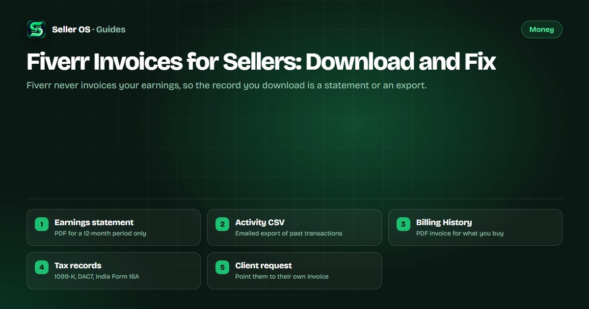 Guide diagram listing the documents Fiverr sellers can download: Statement of Earnings, activity CSV, billing invoices, and tax records