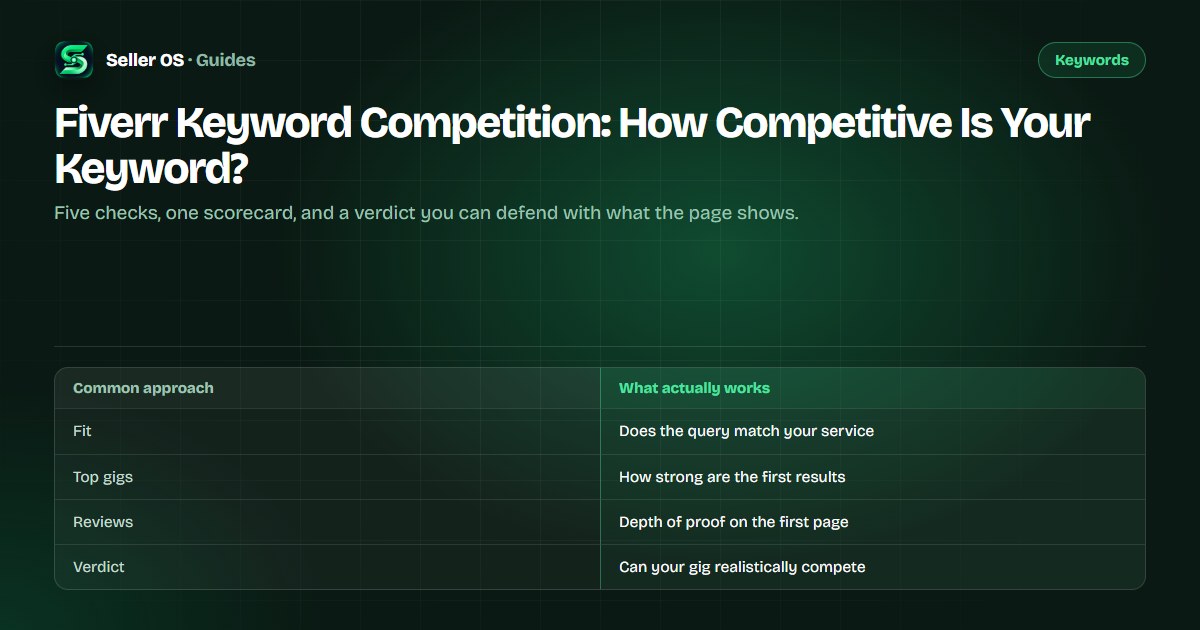 Diagram of a five-check keyword competition scorecard with rows for service fit, top gig strength, seller signals, reviews, and price fit