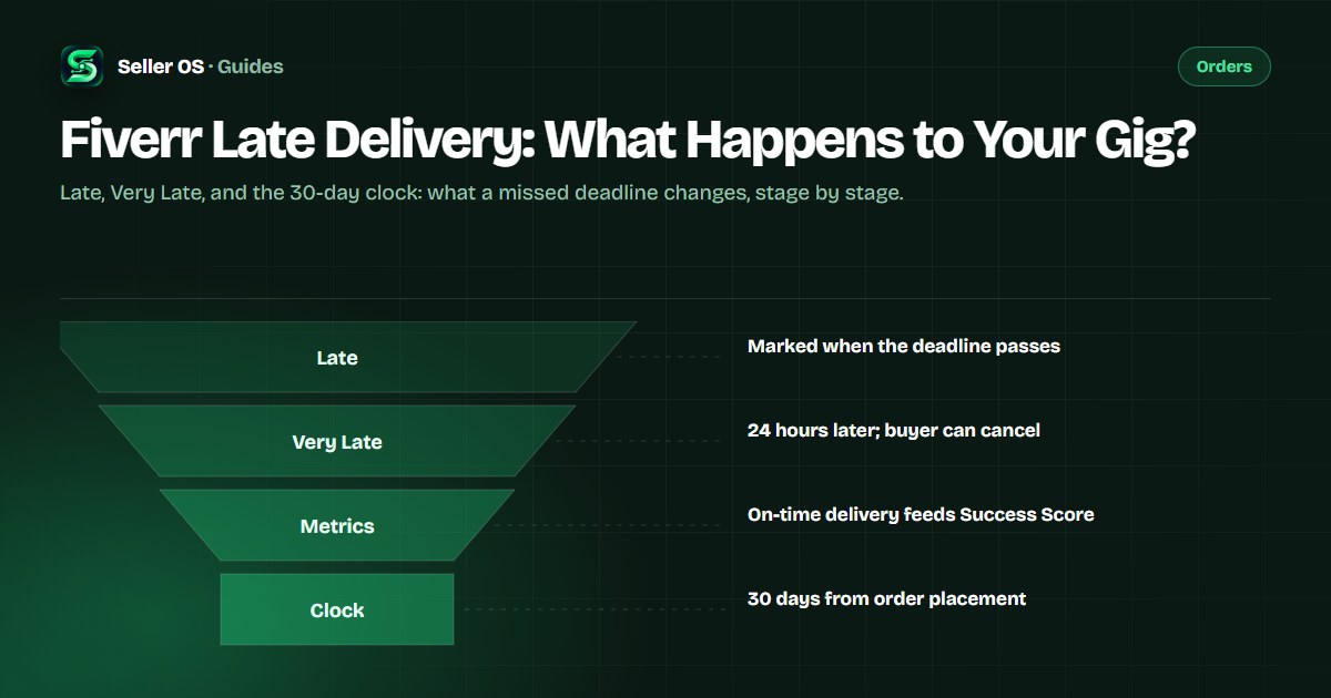 Funnel diagram of a late Fiverr order moving from missed deadline to Late, Very Late, client cancellation rights, and the 30-day auto-cancel