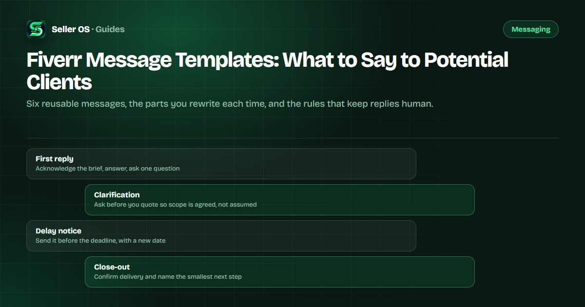 Fiverr message template board with first reply, clarification, quote, delay, revision, and close-out examples showing editable placeholders
