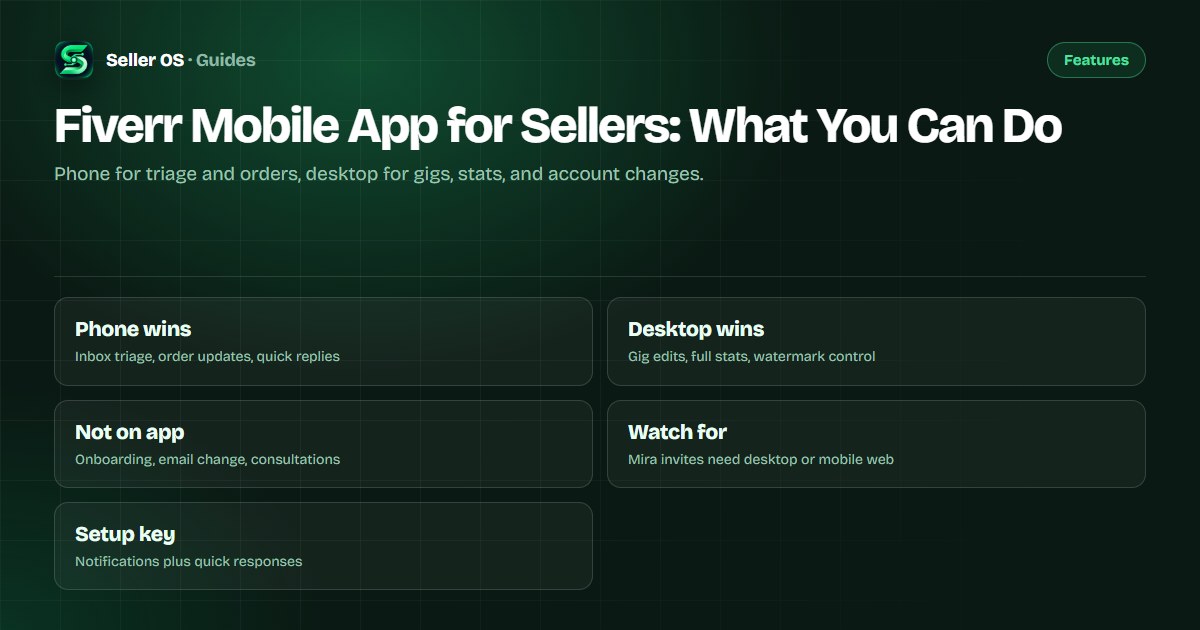 Phone showing Fiverr inbox triage beside a laptop showing full gig analytics dashboard