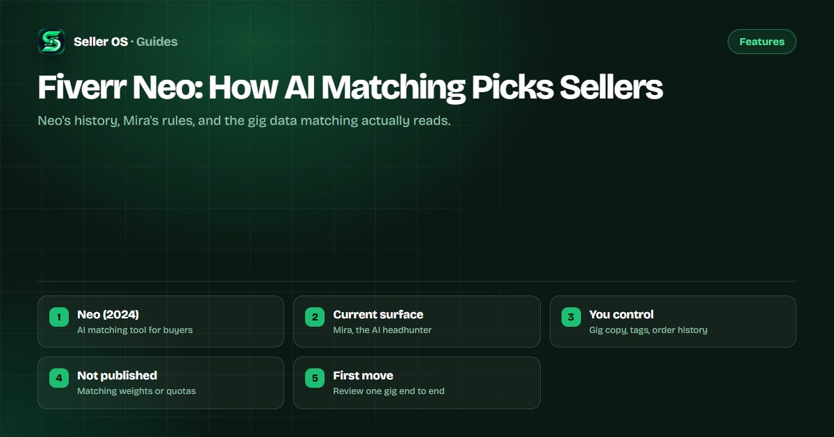 Flow diagram from a buyer's description through Fiverr matching to a shortlist of matched sellers