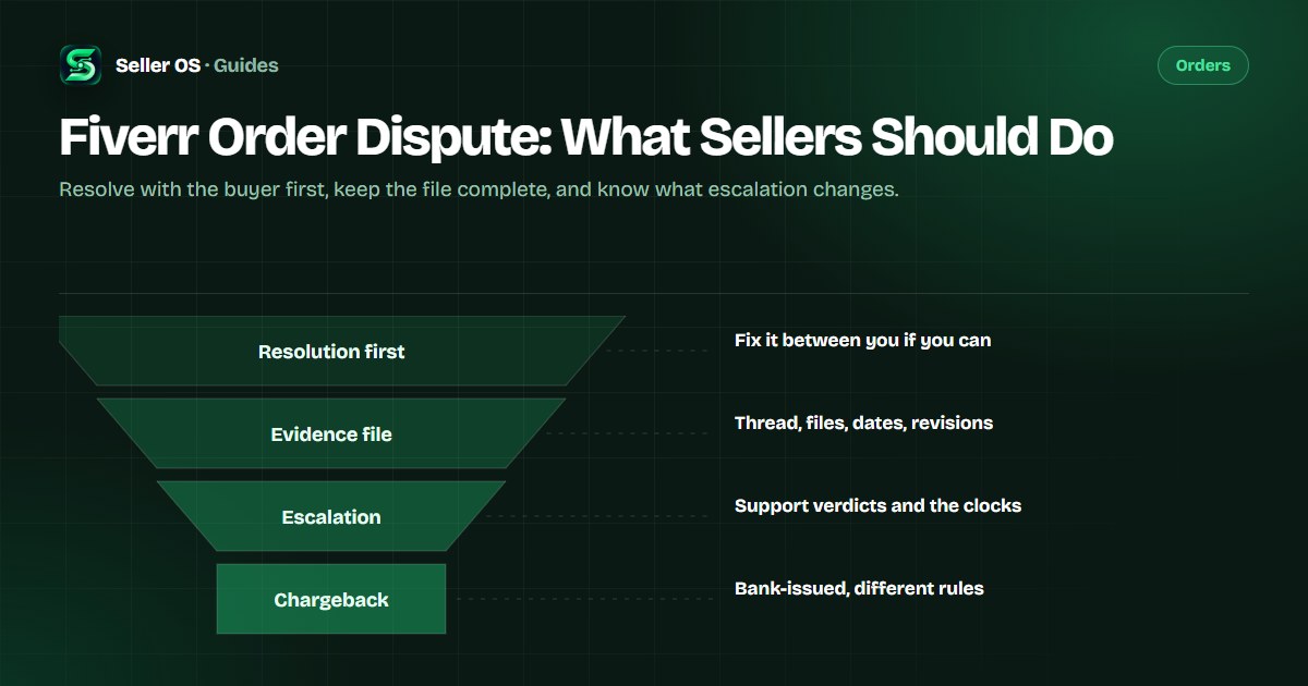Escalation path diagram for a Fiverr order dispute: buyer conversation, Resolution Center, support case, and chargeback