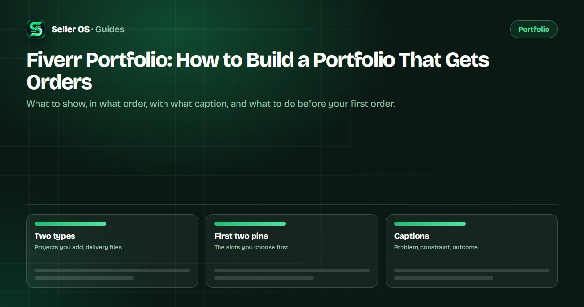 Fiverr portfolio layout diagram showing pinned projects, recent delivery files, and manual projects arranged in display order