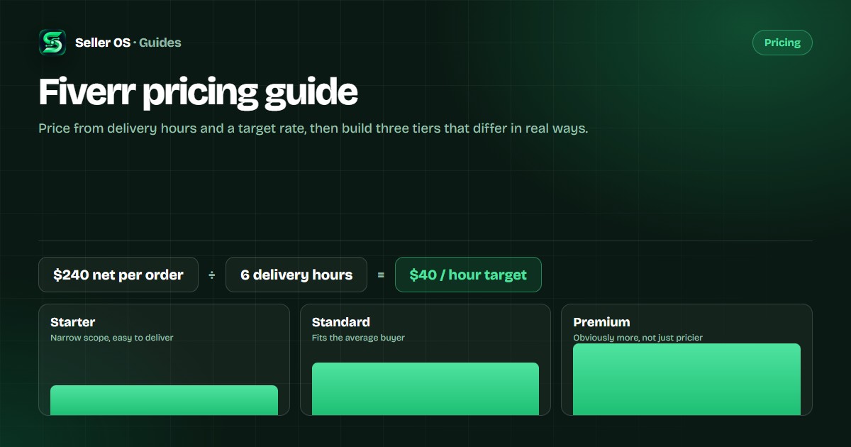 Pricing diagram: net payout divided by delivery hours to set a target rate, above three package tiers with increasing scope