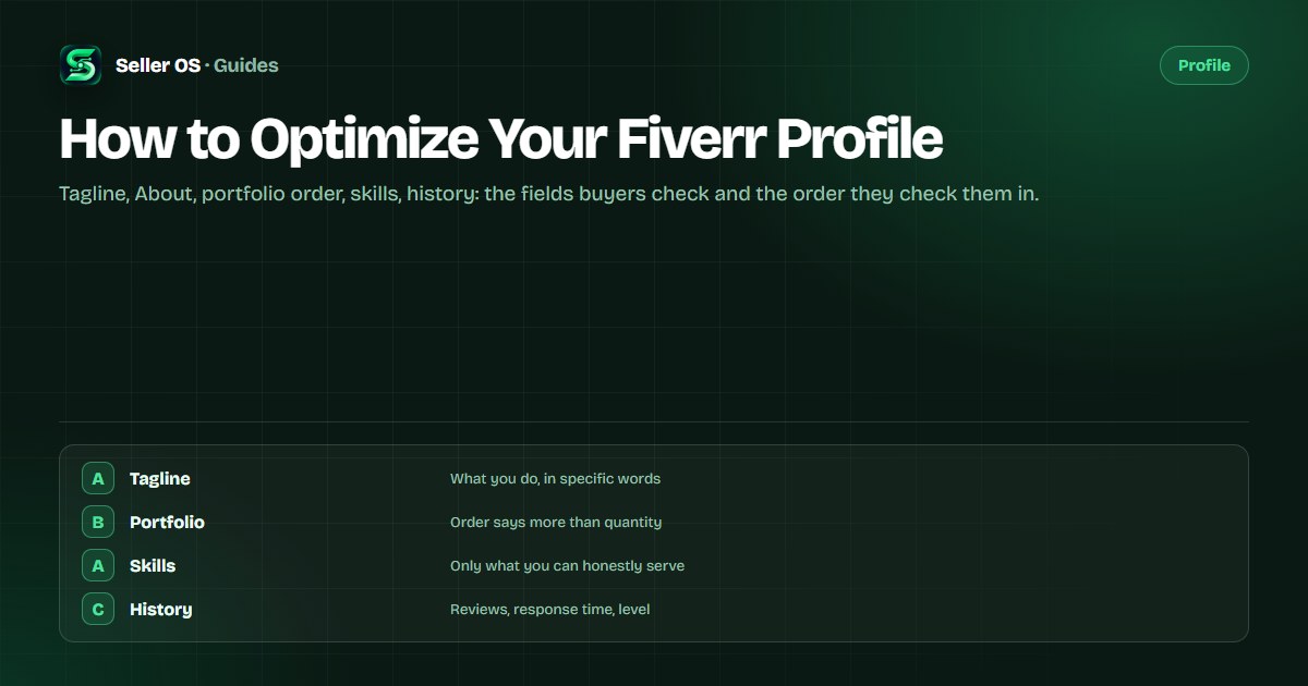 Fiverr profile audit diagram showing tagline, About section, portfolio order, skills, and reviews arranged in buyer scan order